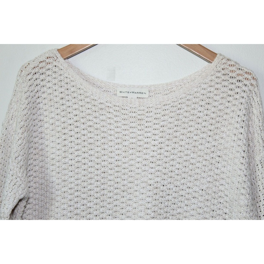 ✨2/$20 White + Warren Open Knit Fringe Trim Sweater Oatmeal Large Boho Coastal - Picture 6 of 16